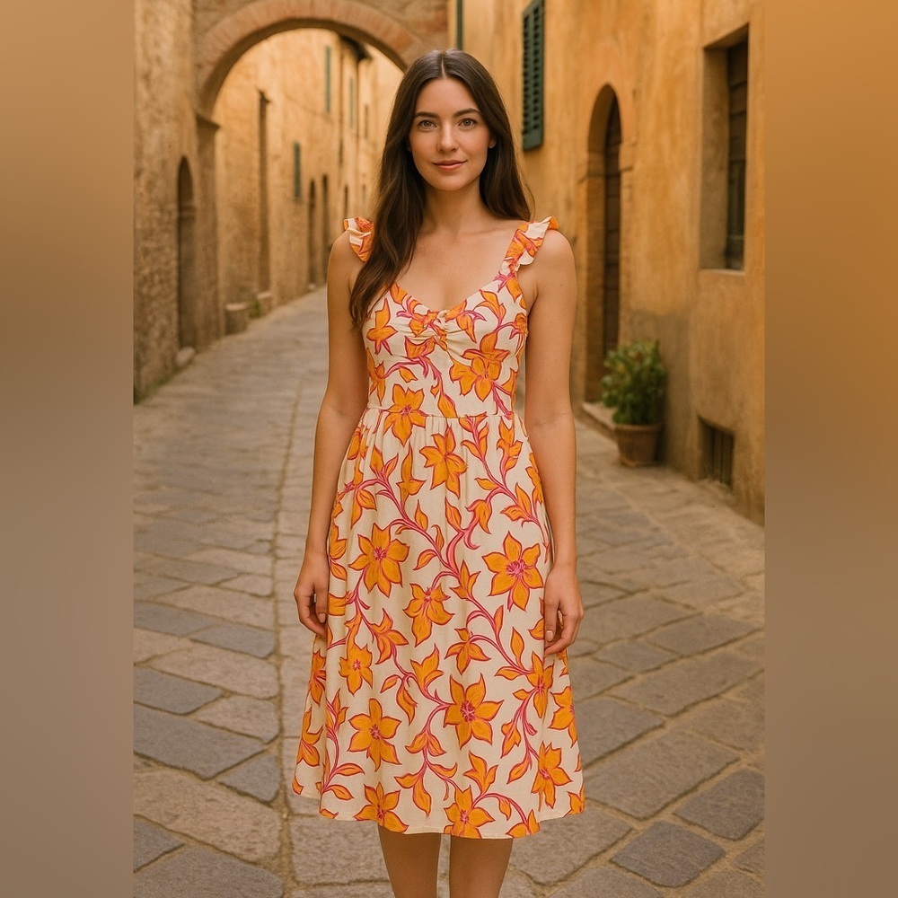 🆕🌞Monteau floral shabby chic dress with ruffle shoulders and tier bottom Xs